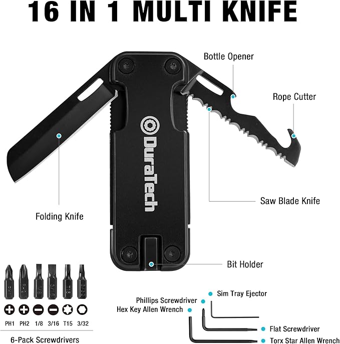 DuraTech 16-in-1 Multitool Knife, Gift for Men, Compact EDC Pocket Tool with Blade, Magnetic Bit Holder, 6 S2 Screwdriver Bits, Bottle Opener & Rope Cutter – Ideal for Camping, Hiking, Survival