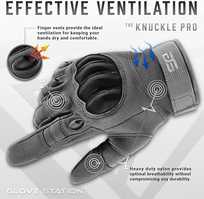 Glove Station Tactical Gloves for Men – Touchscreen Utility Gear with Hard Knuckle Protection Used in Motorcycle, Airsoft, Combat, Police, Shooting & Outdoor Work Gray - Hard Knuckle Large