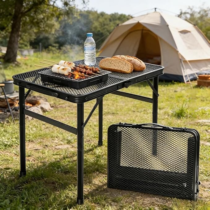 Gawerk Folding Portable Camping Grill Table, Lightweight Adjustable Height Metal Aluminum Picnic Table with Heat-Resistant Mesh Top for Outdoor, Barbeque, Camping & Travel, 24" x 16", Black