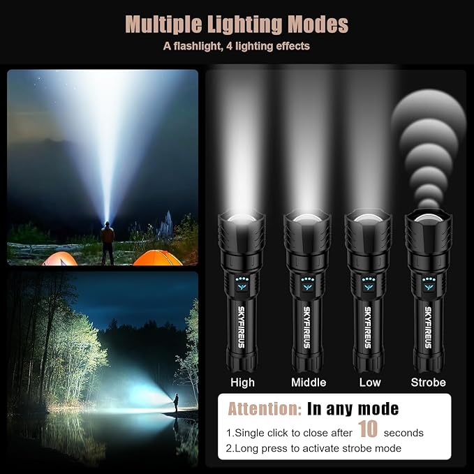 SKYFIRE Rechargeable Flashlights High Lumens with Ignition Lens,5000mAh Super Bright Flashlight Waterproof Powerful LED Tactical Flash Light for Camping Essentials Outdoor Home&Gifts