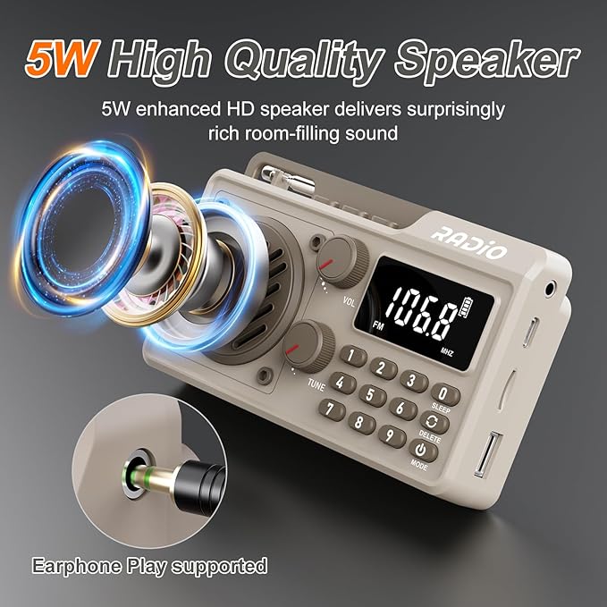 Portable Radio AM FM 1500mAh Rechargeable with Best Reception, Transistor shortwave Radio Wireless Bluetooth Speaker, with Large LCD Screen, Support TF Card U Disk, Earphone, Sleep Timer(Khaki)