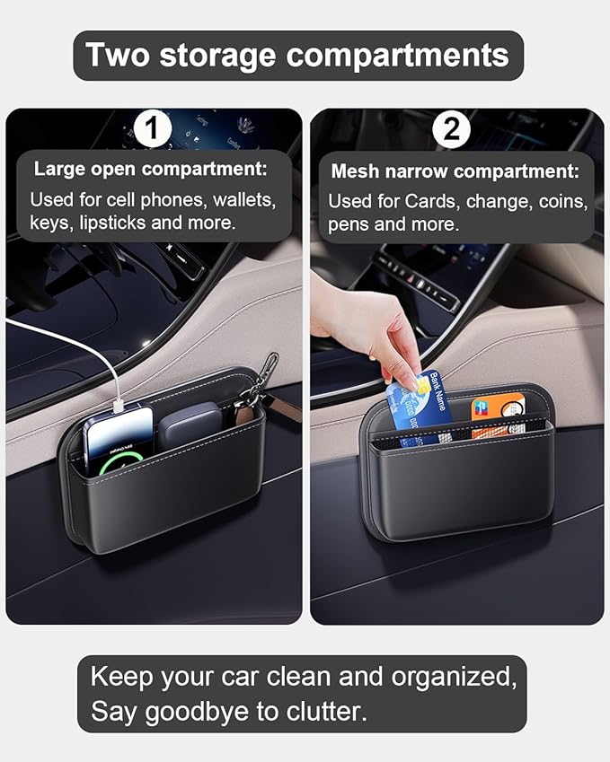 Driver's Car Storage Bag, Small Car Side Pocket Organizer for Car Seats, Doors and Consoles, PU Leather (Black)