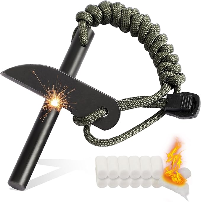 VVAAGG Flint and Steel Fire Starter: 3/8" 4 Inch Ferro Rod Magnesium Rods Survival Tool with Paracord Handle