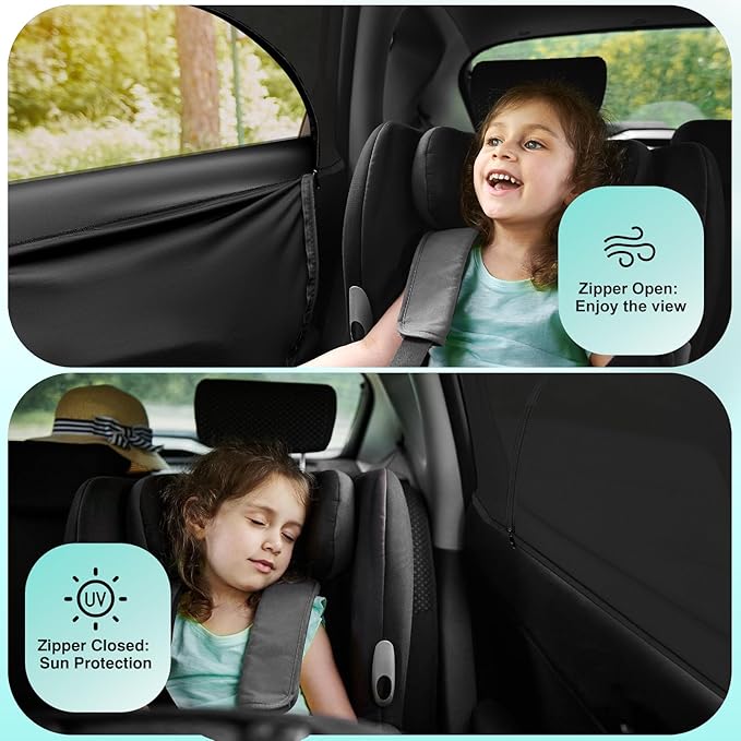 Ovege Window Shades for Back Seat - Side Window Sun Shade Breathable Mesh-Zipper Car Window Cover Screen-Camping Privacy Universal Fits Most Small and Medium Cars 2pcs (Rear Side Medium)