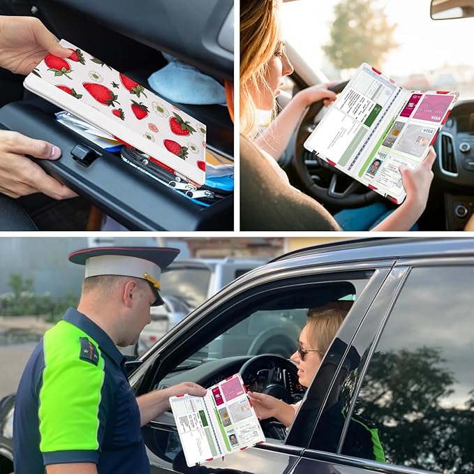 Car Registration and Insurance Holder, with Magnetic Closure for License, Cards and Documents, All Vehicle Needs and Car Accessories (Strawberry)