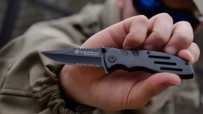 Smith & Wesson Accessories Extreme Ops SWA24S 7.1in S.S. Folding Knife with 3.1in Serrated Clip Point Blade and Aluminum Handle for Outdoor