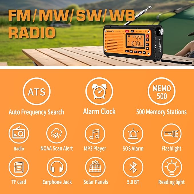 XHDATA D608WB Emergency Radio Hand Crank Weather Radio FM/AM/SW/NOAA Alert Portable Radio, Bluetooth MP3, USB/Solar/Hand Crank Charging, Flashlight, Reading Lamp and SOS Alarm