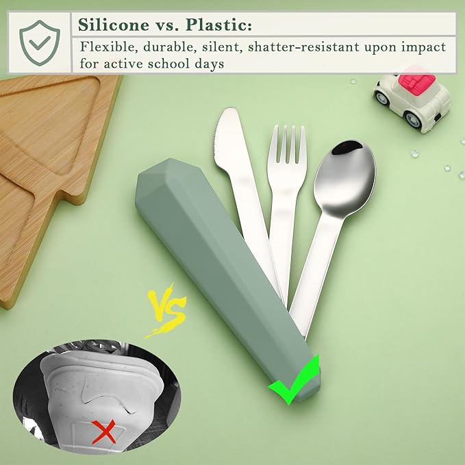 Utensils for Lunch Box Accessories, DEVICO Travel Silverware Set with Case, Camping Flatware Include 18/8 Stainless Steel Knife Fork and Spoon Set, Reusable Portable Cutlery Set for School (Green)