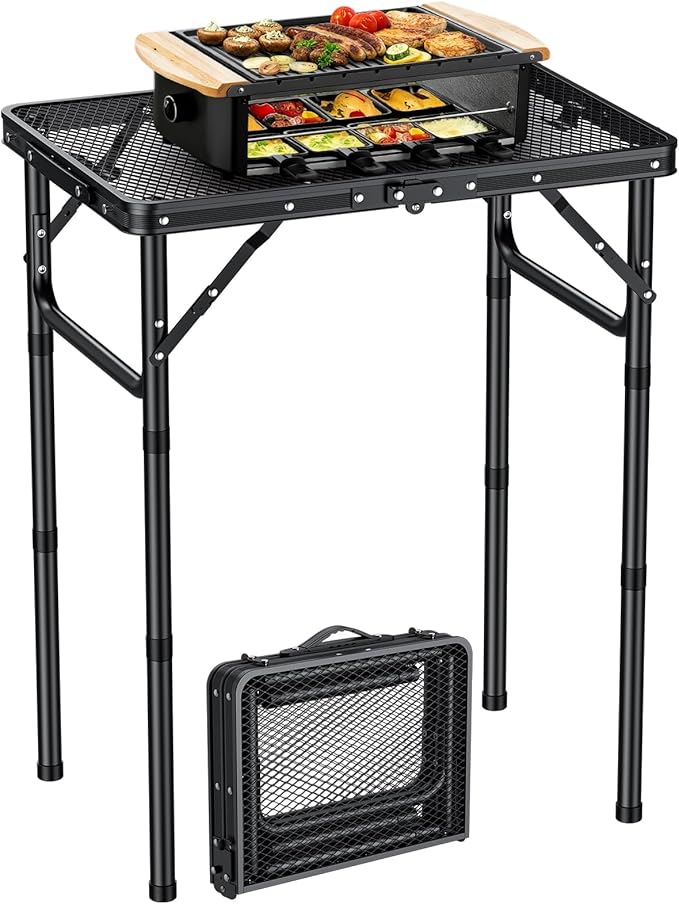 EYPINS 2ft Folding Grill Table with 3 Adjustable Heights Max 27.6'',Aluminum Heat-Resistant Cooking Camping Table,Lightweight Portable Side Table with Handle for Outside Patio BBQ,Black 22.8''x15.7''