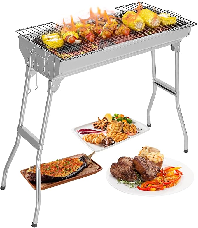 Outvita Portable Charcoal Grill, 28x 13 x 27" Foldable Barbecue Grill, Stainless Steel BBQ Grill for Outdoor Cooking Camping Hiking Picnic Garden Beach Party