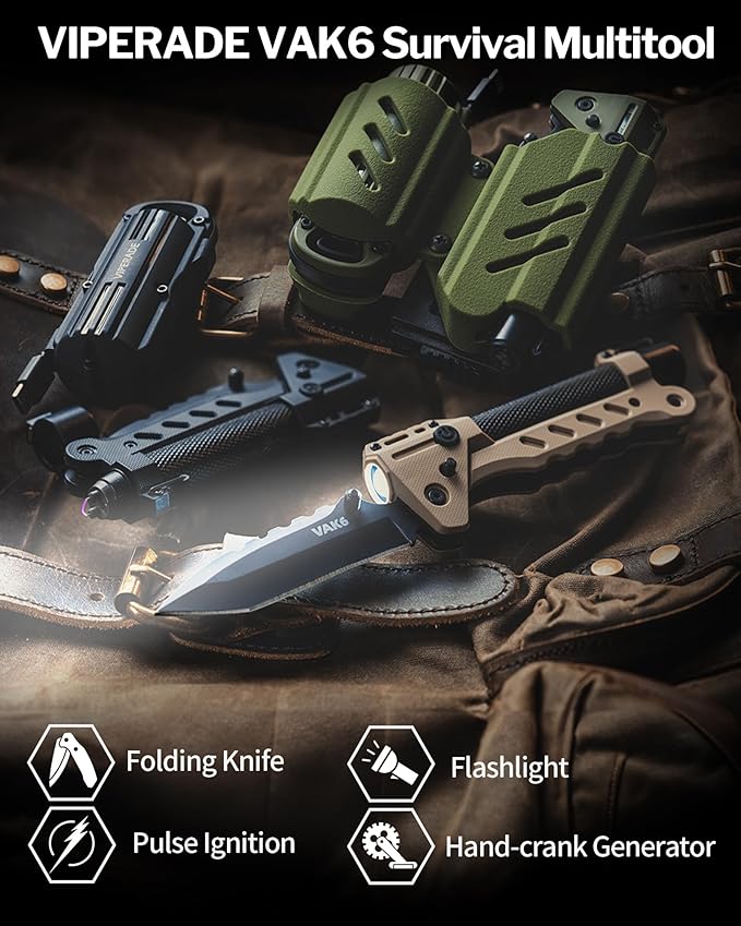 VIPERADE VAK6 Survival Multitool with Folding Knife, LED Flashlight, Pulse Ignition and Hand Crank Generator, Camping Multitool Knife Rechargeable Flashlight with Belt Sheath