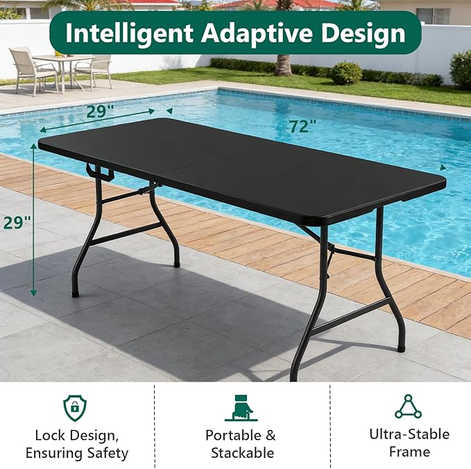 Folding Table 6ft - Heavy Duty Plastic Table with Handle, Foldable & Portable, Fold-in-Half Utility Tables for Outdoor, Dining, Wedding, Events, Indoor, Picnic, Camping, Party (Black)