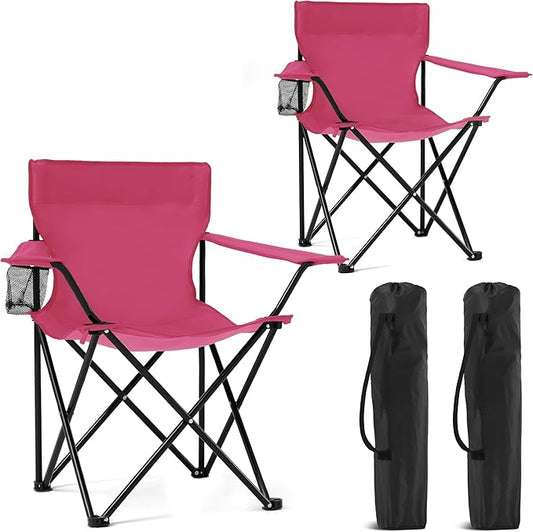 2 Pack Portable Camping Chairs Folding Lawn Chair Outdoor Lightweight Beach Chair with Cup Holder & Carry Bag for Outside Sports, Fishing, Hiking, Travel, Picnic, Backyard (Pink, Medium)