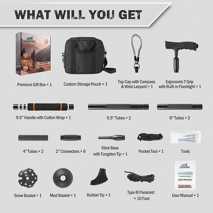 Tactical Walking Stick, Survival Hiking Stick Walking Staff, Lightweight Tactical Cane Gear, Aluminum Trekking Pole for Outdoor Adventures, Gifts for Outdoorsy Men
