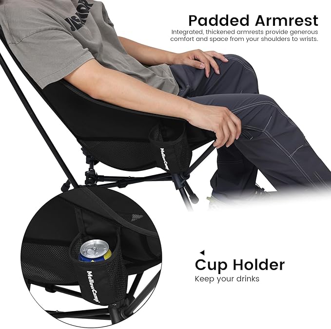 MellowCamp High Back Camping Chair, Oversized Comfort Design Collapsible Camp Chair with Pillow (Black)