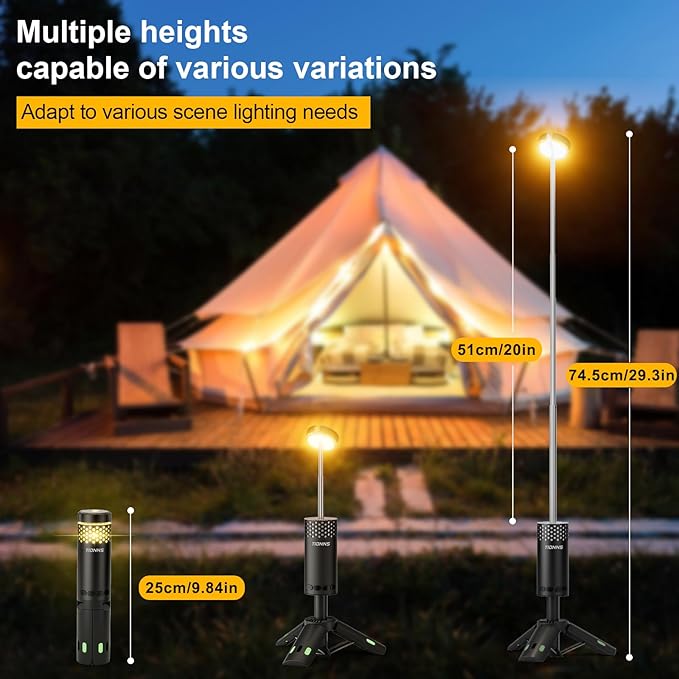 Camping Lights Rechargeable, Detachable Camping Lantern with Stand, Telescopic Waterproof Camp Lamp, Magnetic Work Hanging Light, LED Tent Flashlights for Emergency (Matte Black)