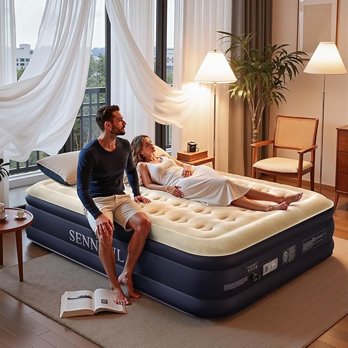 SENNOUL Air Mattress Queen with Built in Pump - Upgraded Blow Up Bed,2 Mins Quick Self Inflatable and Deflate, 18"/650lbs Max, Strong Support, Flocked Top, Puncture Resistant, for Camping,Home,Guests