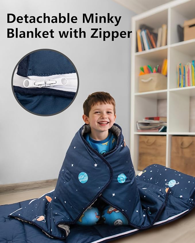 Primlect Toddler Nap Mat with Detachable Blanket and Removable Pillow, Kids Sleeping Bag 55''x35'' for Daycare Preschool Kindergarten, Toddler Sleeping Mat for Boys and Girls