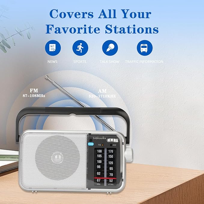 AM FM Radio Portable, Transistor Radio, Battery Powered or Mains Operated, Battery Radio with Robust Reception and Built in Speaker, Suitable for Home and Outdoor
