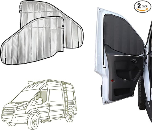 VanEssential Insulated Reflective Blackout Window Covers Designed for Ford Transit High/Medium Roof Front Door Windows (Pair) - Charcoal Gray Reflective