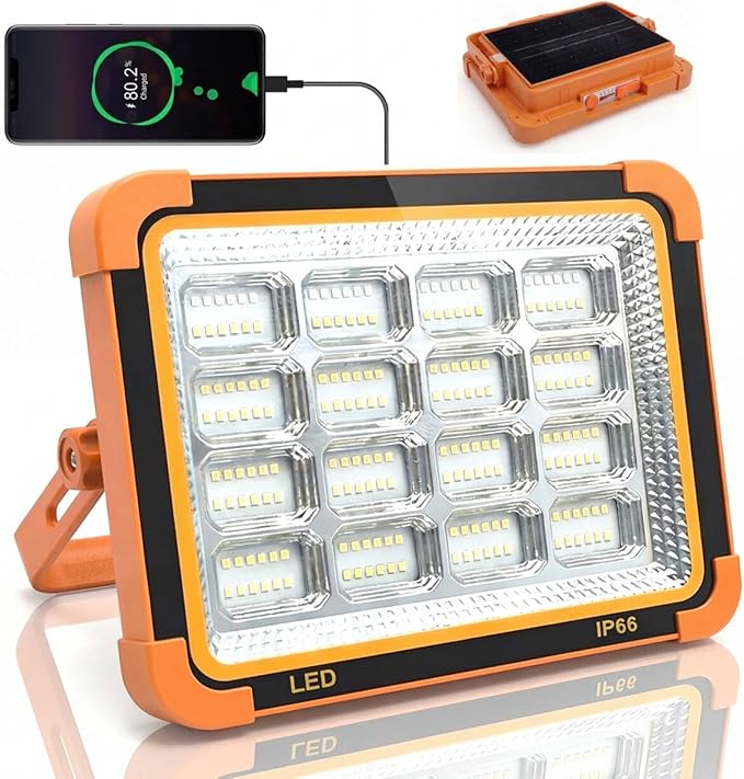 Vcwtty 120W Solar Rechargeable Work Light, 192 LED 10000LM Portable Flood Light with Stand，LED Work Light with 5 Modes，IP66 Waterproof Outdoor Light for Mechanic Camping Fishing Repair (1)