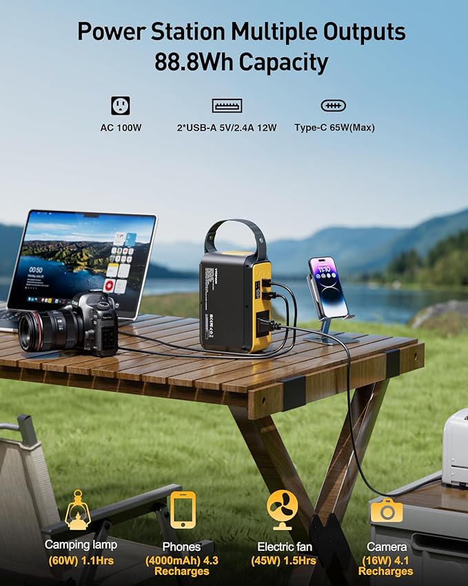 VTOMAN Jump 100 Portable Power Station, 88.8Wh Solar Generator LiFePO4 Battery Power Station with 100W (Peak 200W) AC Outlet, 1x PD 65W USB-C, 2x Regulated 5V/2.4A USB-A for Camping