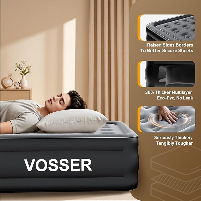VOSSER Air Mattress Full with Built in Pump,18’’Raised Blow Up Mattress,Self Inflatable Mattress in 3 Mins,Portable Air Bed for Home,Floor&Travel,Full Size Air Mattress for Adults 660LB Max,Black