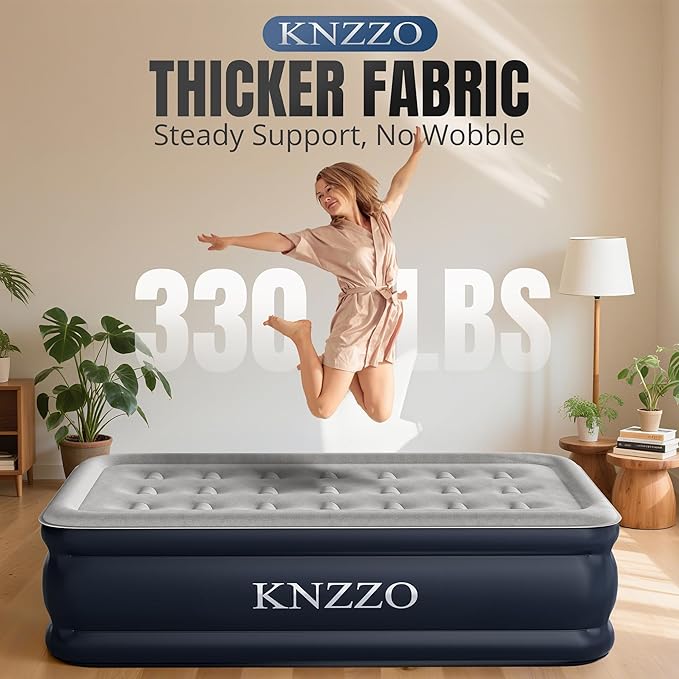 KNZZO Twin Air Mattress with Built-in Pump, 18" Top Inflatable Mattress with Waterproof Flocking Fabric, Three-Minute Quick-Inflatable Bed. Portable Blow Up Mattress for Home, Outdoor and Guests