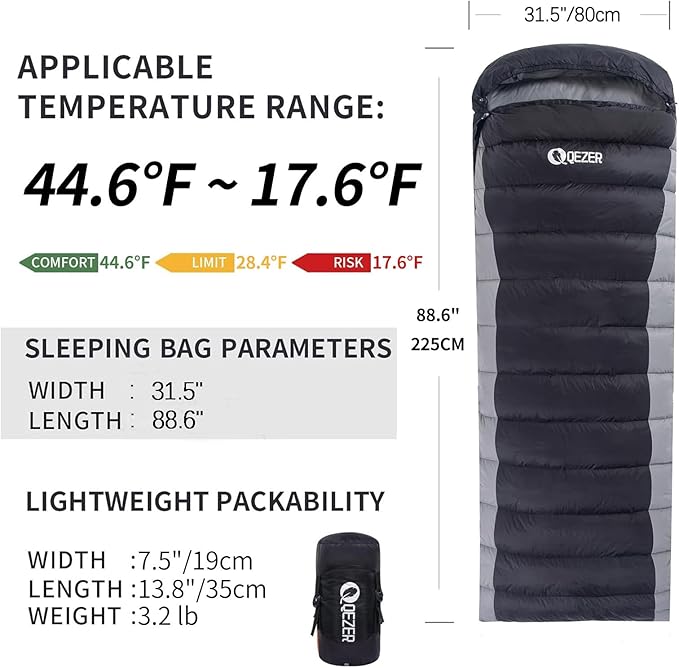 Down Sleeping Bag for Adults 600 Fill Power, Cold Weather Compact Ultralight All Seasons Sleeping Bag for Backpacking, Camping, Hiking