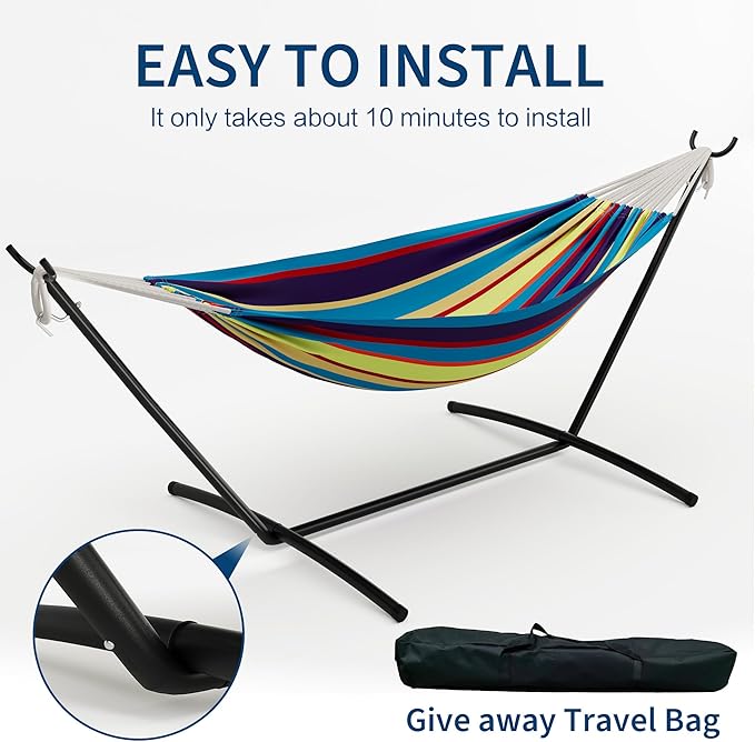 Double Hammock with Steel Stand - 2 Person Hammock Bed Indoor Outdoor, Brazilian-Style, with Carry Bag, 450lb Capacity, Portable & Easy Assembly, Tropical