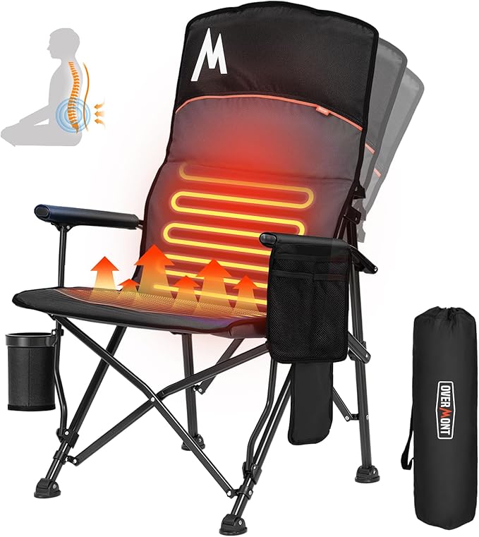 Overmont Heated Camping Chair with High Back - 3 Heat Levels 2-Zone Separately Heating - 450 LBS Support Heavy Duty Folding Chair Portable for Adults Patent No.: US D1.028.543S - Battery NOT Included