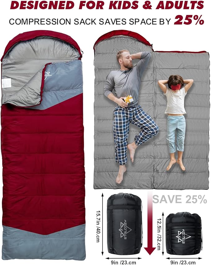 Lightweight 3-Season Sleeping Bag for Adults/Kids Camping, Compact w/Compression Sack, Waterproof Ripstop, Portable for Backpacking Hiking Travel