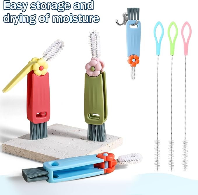 3Pcs 3 in 1 Cup Lid Cleaning Brush with 3Pcs 7.87inch Straw Cleaning Brush, Multifunctional Gap Cleaning Brush Portable Cup Brush Cleaner for Water Bottle Cup Lids Gaps Corners Straw Cleaning