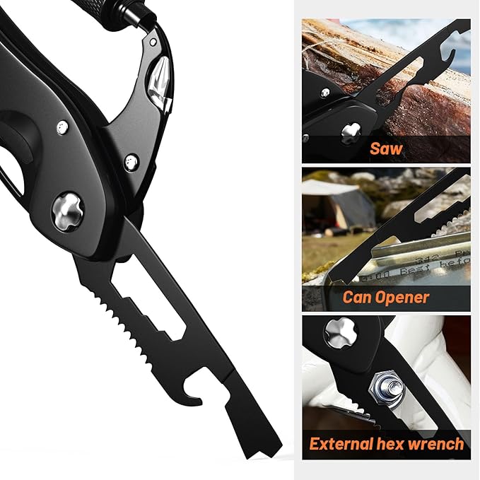 Carabiner Multitool 9-in-1 EDC Pocket Knife, Hexwrench, Saw, Screwdriver, Bottle Opener, Breaker, Survival Gear for Camping Climbing, Gifts for Men Women, Stocking Stuffers (Black)