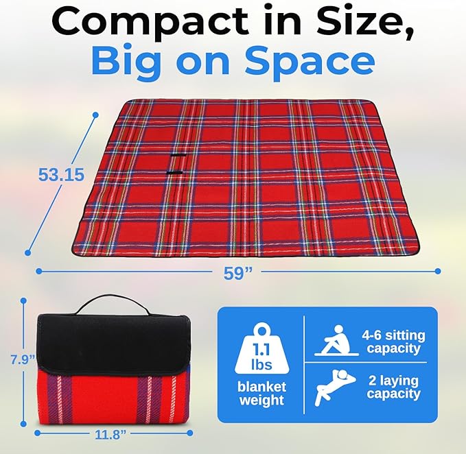 scuddles Extra Large Picnic Blanket – 59" x 53" Waterproof & Sandproof Outdoor Mat with Soft 3-Layer Comfort, Foldable Design & Carry Strap for Beach, Camping, Travel, Parks & Family Picnics