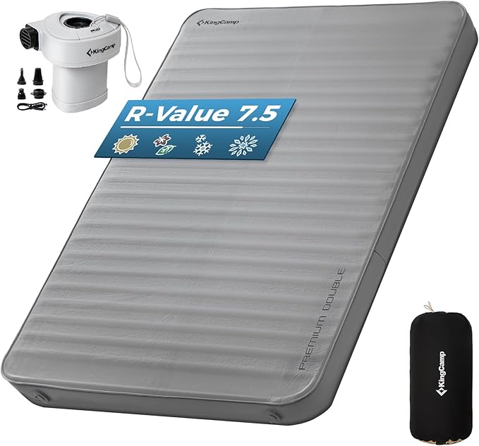 KingCamp Premium Double Self Inflating Sleeping Pad with Air Pump, 7.5 R-Value Air & Foam Camping Mattress 2 Person, 3" Thick Full Size Double Insulated Sleeping Pad for Car Camp Tent, PVC Free, Grey