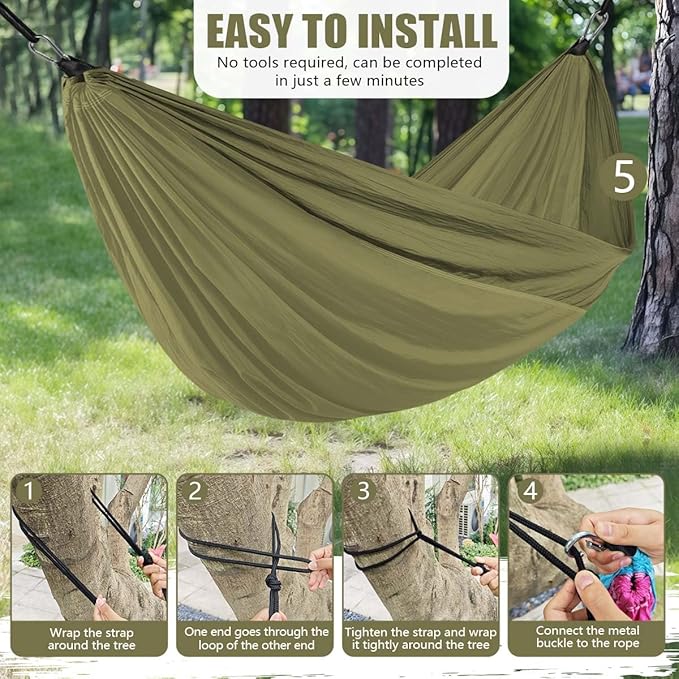 OBTANIM Camping Hammock 500lbs Portable Lightweight Single or Double Hammock with Tree Straps and Carry Bag for Camping Backpacking Hiking Travel Beach Outdoor Indoor (Army Green)