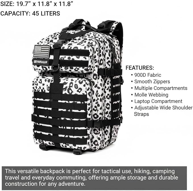 45L Military Tactical Backpack for Men & Women Bug Out Bag Assault pack Molle Daypack Hiking Trekking Rucksack (Leopard print)