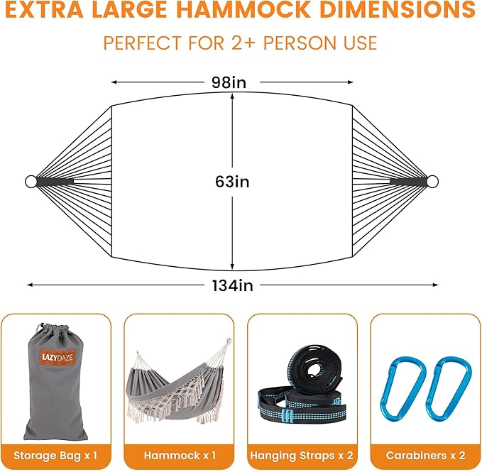 Lazy Daze Hammocks Double Brazilian Cotton Hammock, Extra Large Portable Outdoor Camping Hammock with Tree Straps & Travel Bag for Backyard Patio Poolside Indoor, 550lbs Capacity, Light Gray