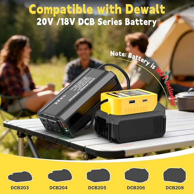 300W Power Inverter Compatible with Dewalt 20V Battery, DC 20V to AC 110V Battery Converter with 2 AC Outlets & 1 Type-C PD 65W & 1 Type-C PD 20W & 2 USB A 18W Max (Battery Not Included)
