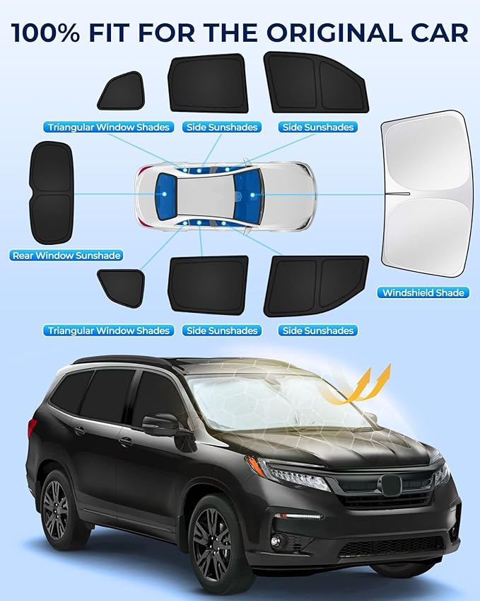 for Honda Pilot 2016-2022 Car Window Shades, 8pcs Privacy Sun Shade Set for Front Windshield Side and Rear Windows, Full Window Covers Keeps Vehicle Cool for Camping Napping