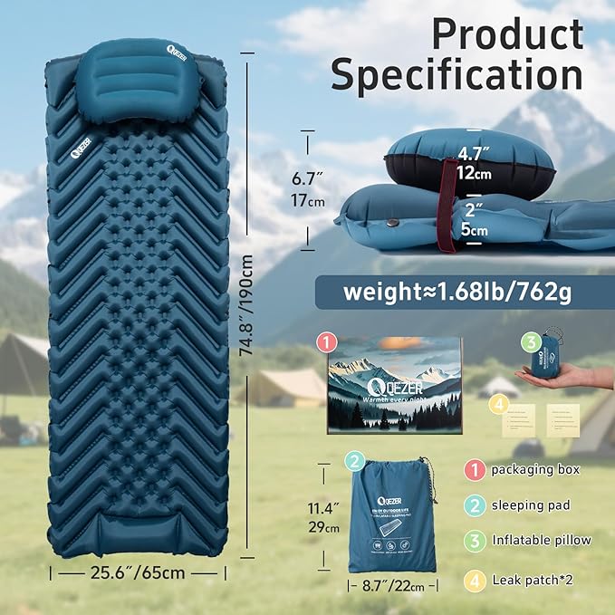 Ultralight Backpacking Sleeping Pad for Camping, with Inflatable Neck Camping Pillow, Lightweight Inflatable Sleeping Pad for Adults, Portable for Hiking, Car Travel - Durable & Comfortable