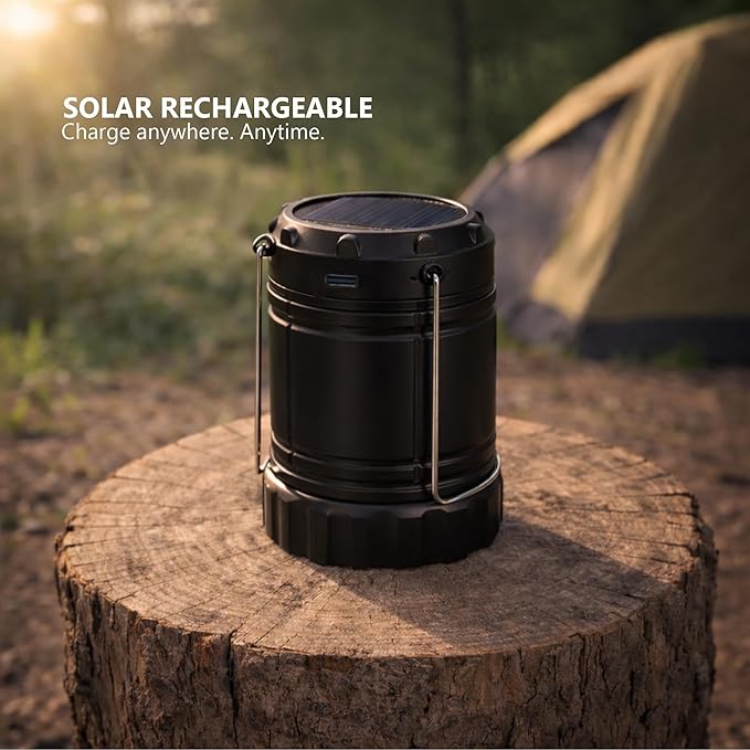 Solar & Rechargeable LED Camping Lantern - IP55 Waterproof, Hanging Hooks, Power Bank, Magnetic Base, Bright & Portable - Campervan, Camper, Hiking, Outdoor, Power Outage