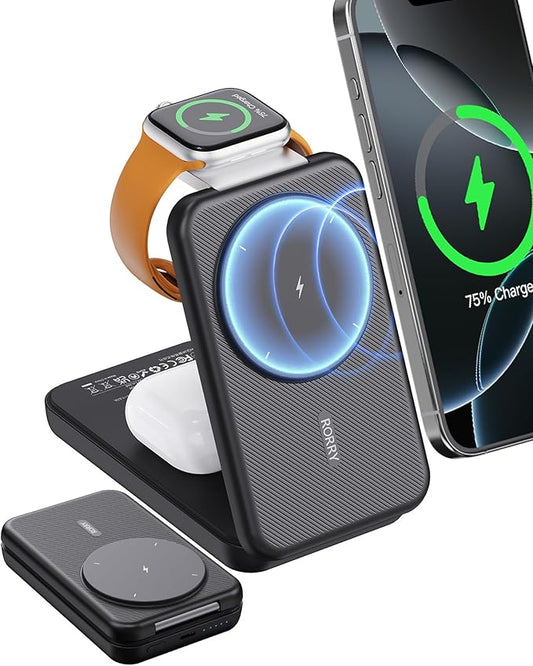 RORRY Portable Charger, 3-in-1 Charging Station 10000mAh Portable Charger Power Bank for MagSafe Foldable Battery Pack Travel for iPhone 17/16/15, for Apple Watch 10/9/8/Ultra/2, Dark Black