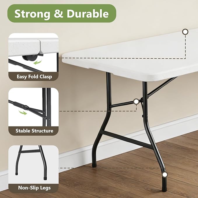 Folding Table 8ft - Heavy Duty Plastic Table with Handle, Foldable & Portable, Fold-in-Half Utility Tables for Outdoor, Dining, Wedding, Events, Indoor, Picnic, Camping, Party (White)