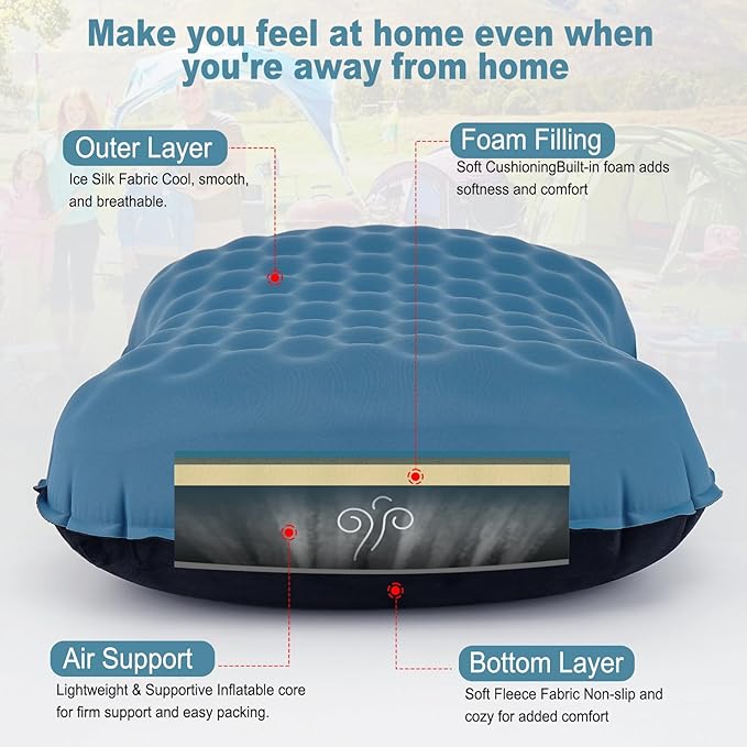 UWILLION Camping Pillow with Ice Silk Memory Foam Cover - Ultralight Inflatable Pillow for Camping Lightweight, Ergonomic and Washable for Camping, Hiking, and Travel Blue