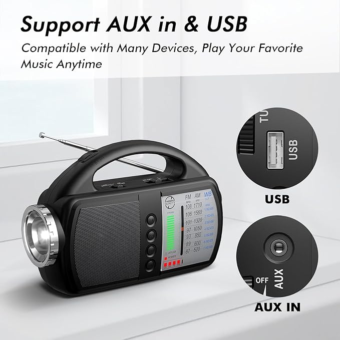 AM FM NOAA Weather Radio,Portable Emergency Radio with Flashlight, Bluetooth 5.0, USB, AUX in Powered by Built-in Rechargeable Battery or 4 AA Battery for Home Indoor Black
