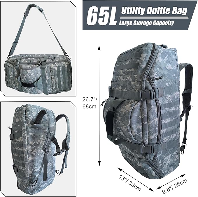Hannibal Tactical 65L Large Duffle Bag, 3-in-1 Tactical Backpack MOLLE Pack for Sports, Gym, Outdoor, ACU