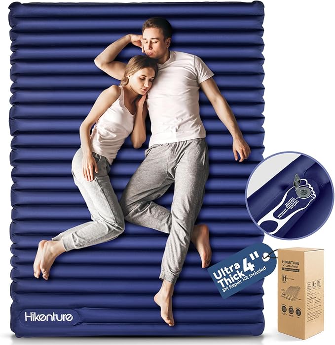 Hikenture Double Sleeping Pad for Camping, Ultralight 4" Extra-Thick Camping Mattress 2 Person, Inflatable Backpacking Sleeping Mat, Hiking Air Mattress for Tent (Navy Footpump 79x55in)