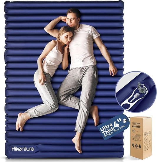 Hikenture Double Sleeping Pad for Camping, Ultralight 4" Extra-Thick Camping Mattress 2 Person, Inflatable Backpacking Sleeping Mat, Hiking Air Mattress for Tent (Navy Footpump 79x55in)